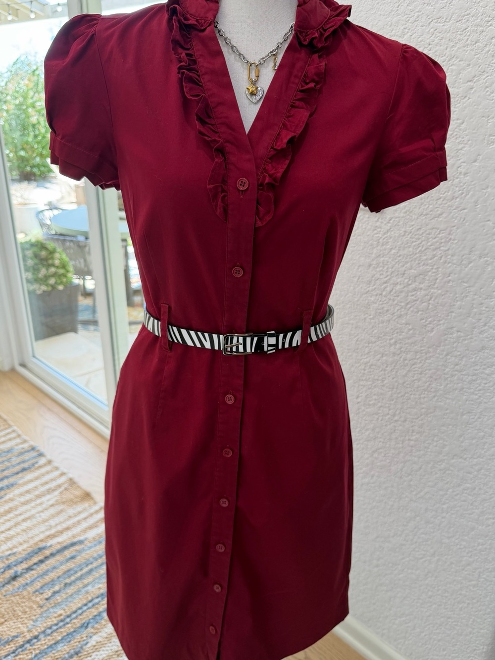The Limited Burgundy Ruffle-Trim Cotton Button Down Shirt Dress Size 4 Pockets